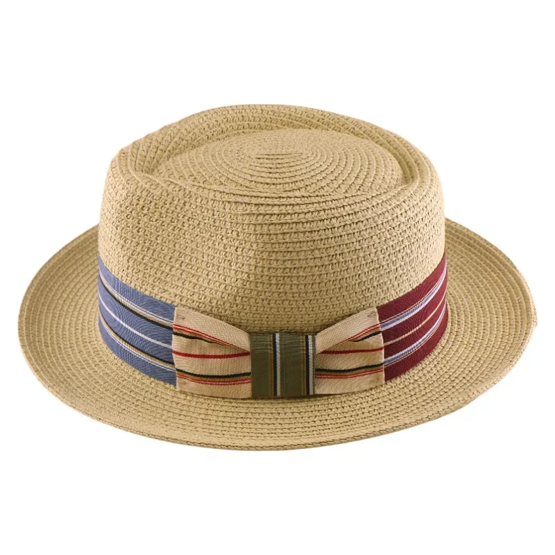Straw Hat Breathable Braided UV Sun Protection Wide Brim Striped Ribbon Boater for Beach Summer Vacation Outdoor Men Women