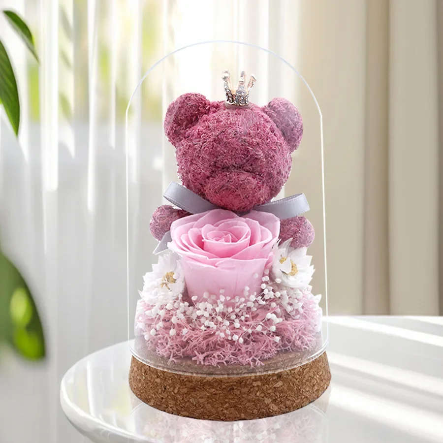 

13x7.5cm Moss Bear Eternal Rose Glass Cover Gift Fresh Preserved Roses Mother's Day Valentine's Day Creative Gift Home Decor