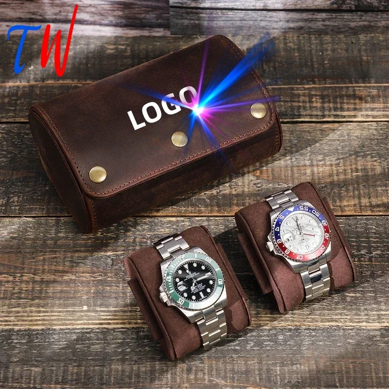 Outdoor Portable 2 Slots Watch Roll Case COW LEATHER Free Customization Logo Name Customized Gift Watch Storage Cases Organizer