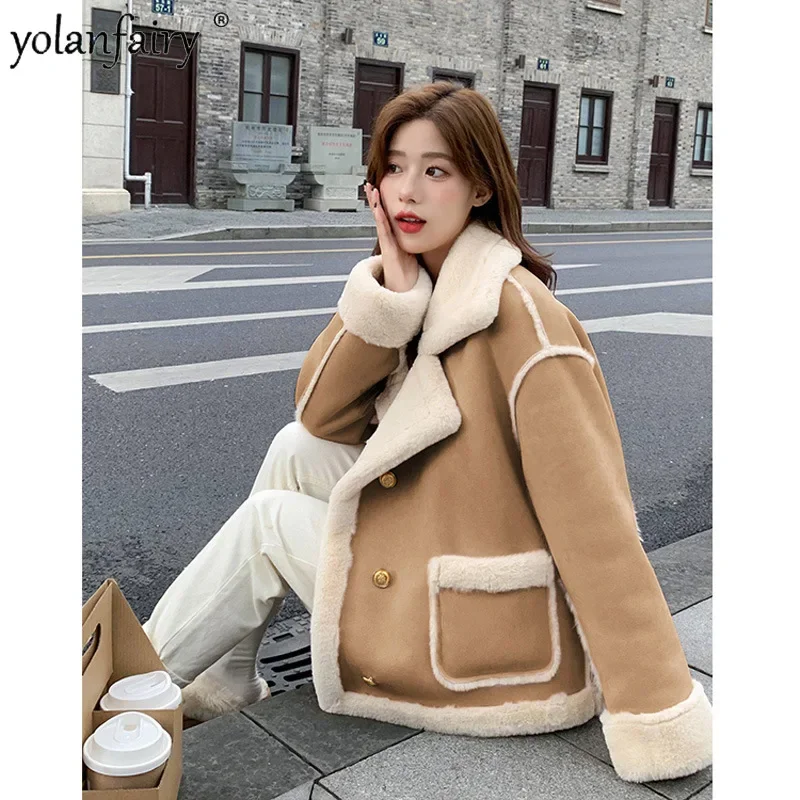 Pure Wool Fur Coat Women's Composite Fur Integrated Winter Jacket Women Short Korean Lamb Fur Motorcycle Suit Woman Clothes FCY