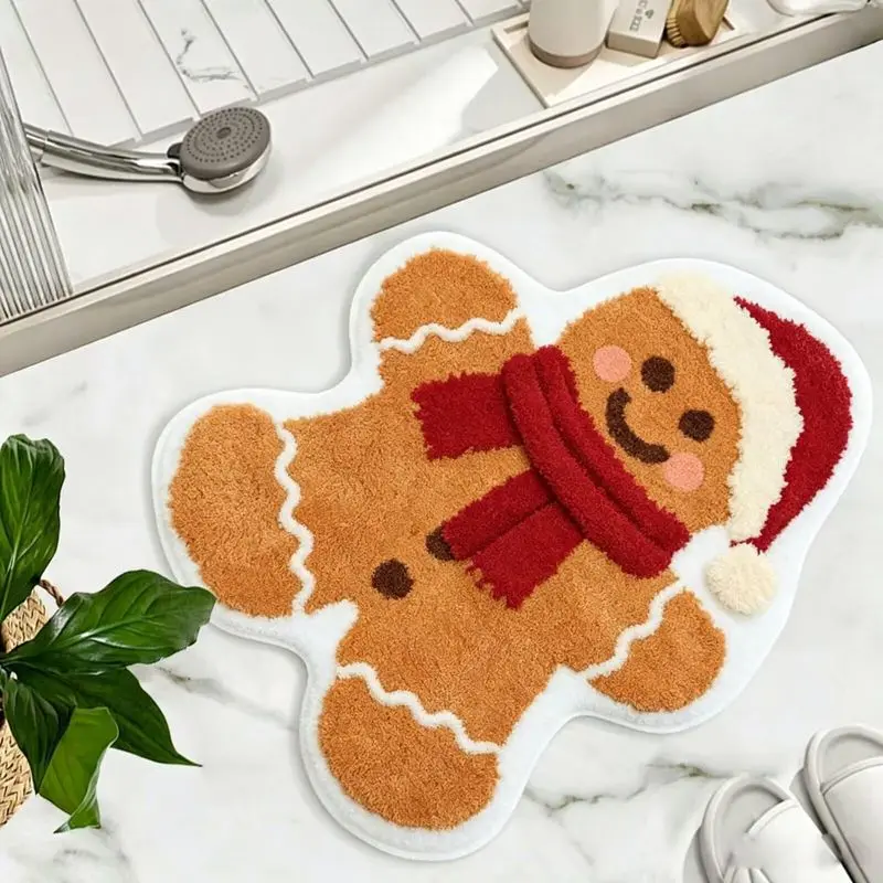 VIKAMA Christmas Gingerbread Man Bathroom Mat Brown Santa Hat Scarf Soft Absorbent Non Slip Washable Floor Rug for Bath Gift