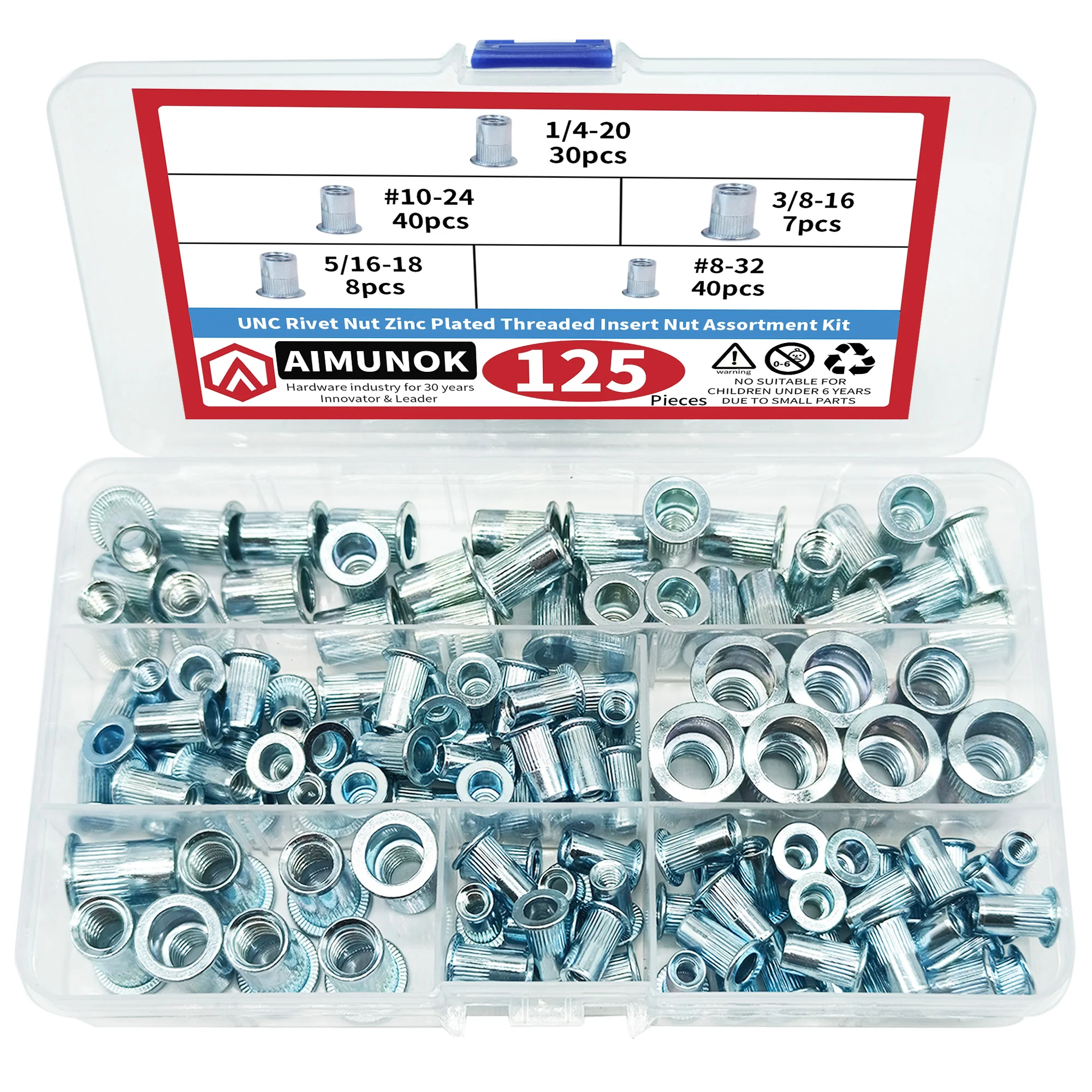 125Pcs Imperial Thread Rivet Nuts Assortment Kit Blue White Zinc Plated Carbon Steel Flat Head Rivnut Fastener Set