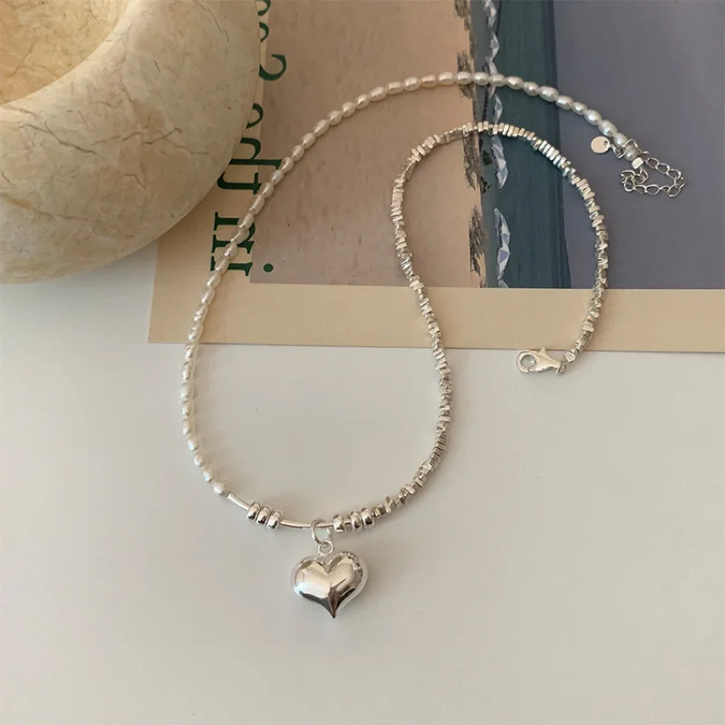 ALLNEWME Elegant Real Freshwater Pearl Choker Necklace for Women Silver Color Heart Asymmetry Chain Pendant Necklaces Pendientes