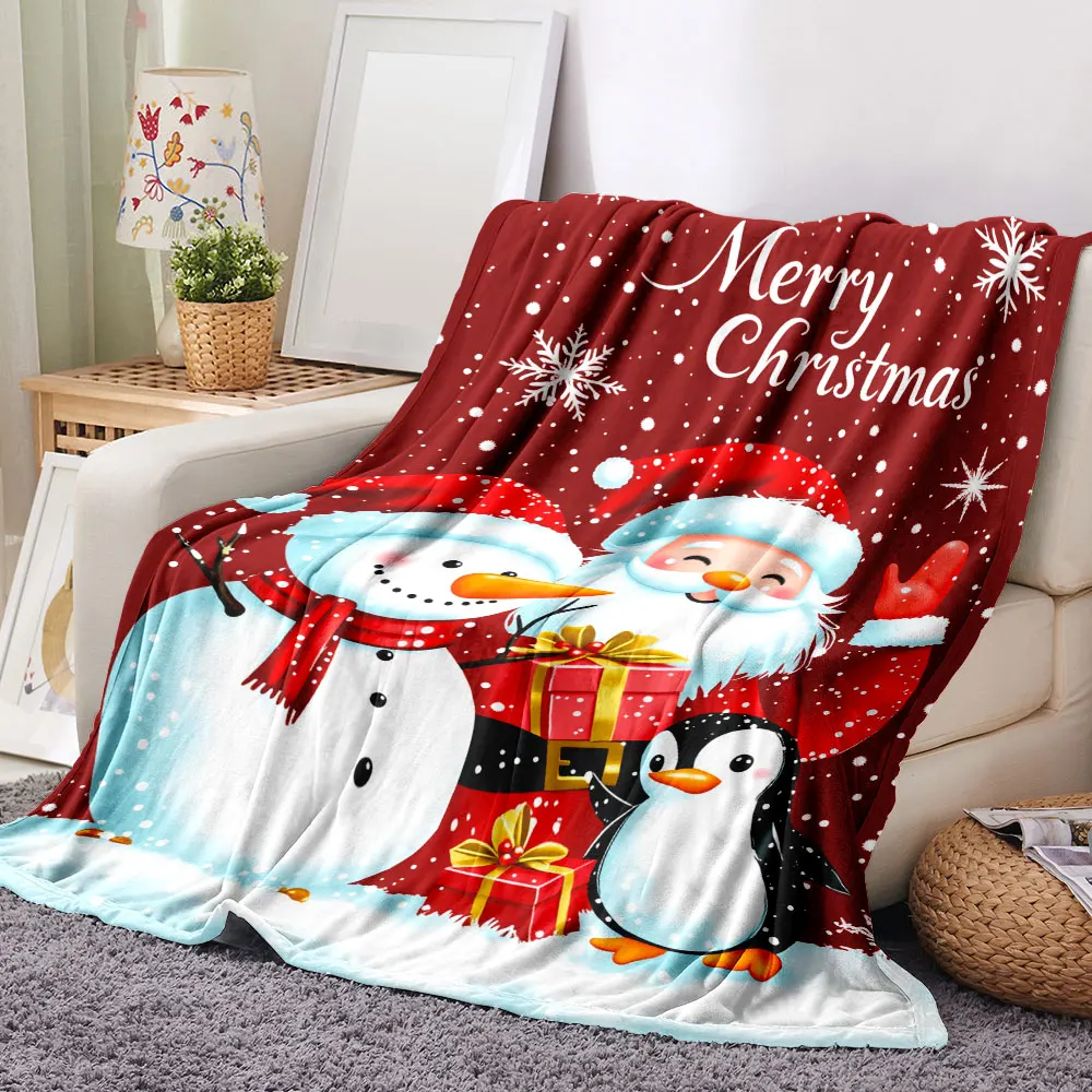 크리스마스 담요 - 눈사람, 산타클로스, 펭귄이 있는 축제 디자인, 눈송이가 있는 빨간색 배경, 크리스마스 장식, 선물에 이상적