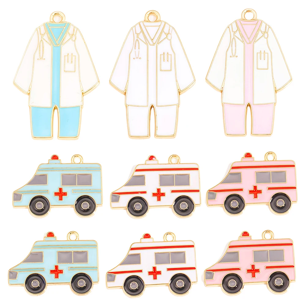 10Pcs Cartoon enamel medical ambulance zinc alloy pendants charm For thanking medical staff keychain necklaces DIY accessories