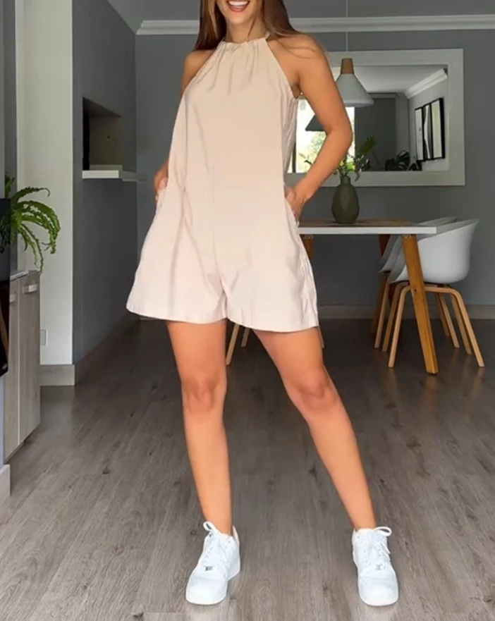 

Women's Casual Bodysuit 2025 Spring Summer Latest Contrast Paneled Halter Sleeveless Loose Fit Romper Pocket Design Jumpsuit