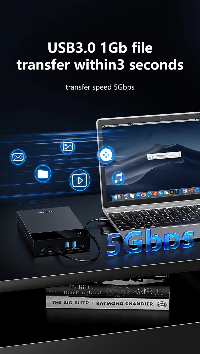 Blueendless 2,5/3,5 Zoll HDD/SSD-Gehäuse mit USB3.0-HUB, Unterstützt 18TB, Typ-C-zu-SATA-Adapter, Werkzeugfreies HDD-Gehäuse mit 12V-Stromadapter – Detail 6