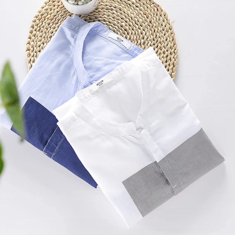 New Arrival Three-quarter Sleeve Casual Stand Collar Linen Shirt Men Brand Trendy Top Clothes Chemise Homme Fast Drop Shipping