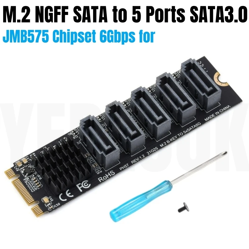 

M.2 NGFF B Key to 5 Ports SATA3.0 SATAIII 6Gbps SSD Hard Drive HDD Expansion Adapter Card JMB575 Chipset, Plug and Play, PH57-55