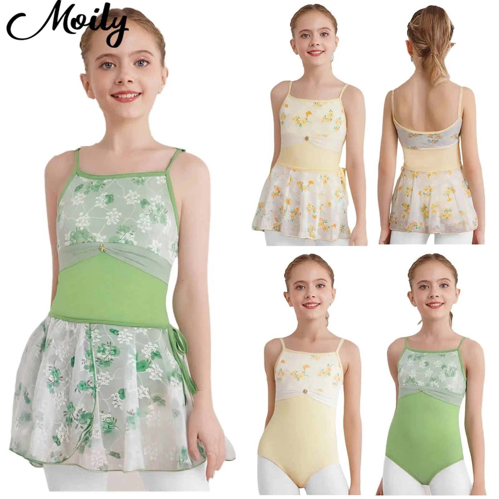 

Girls Ballet Gymnastics Dance Costumes Sleeveless Adjustable Spaghetti Straps Floral Printed Mesh Leotard with Skirts Dancewear