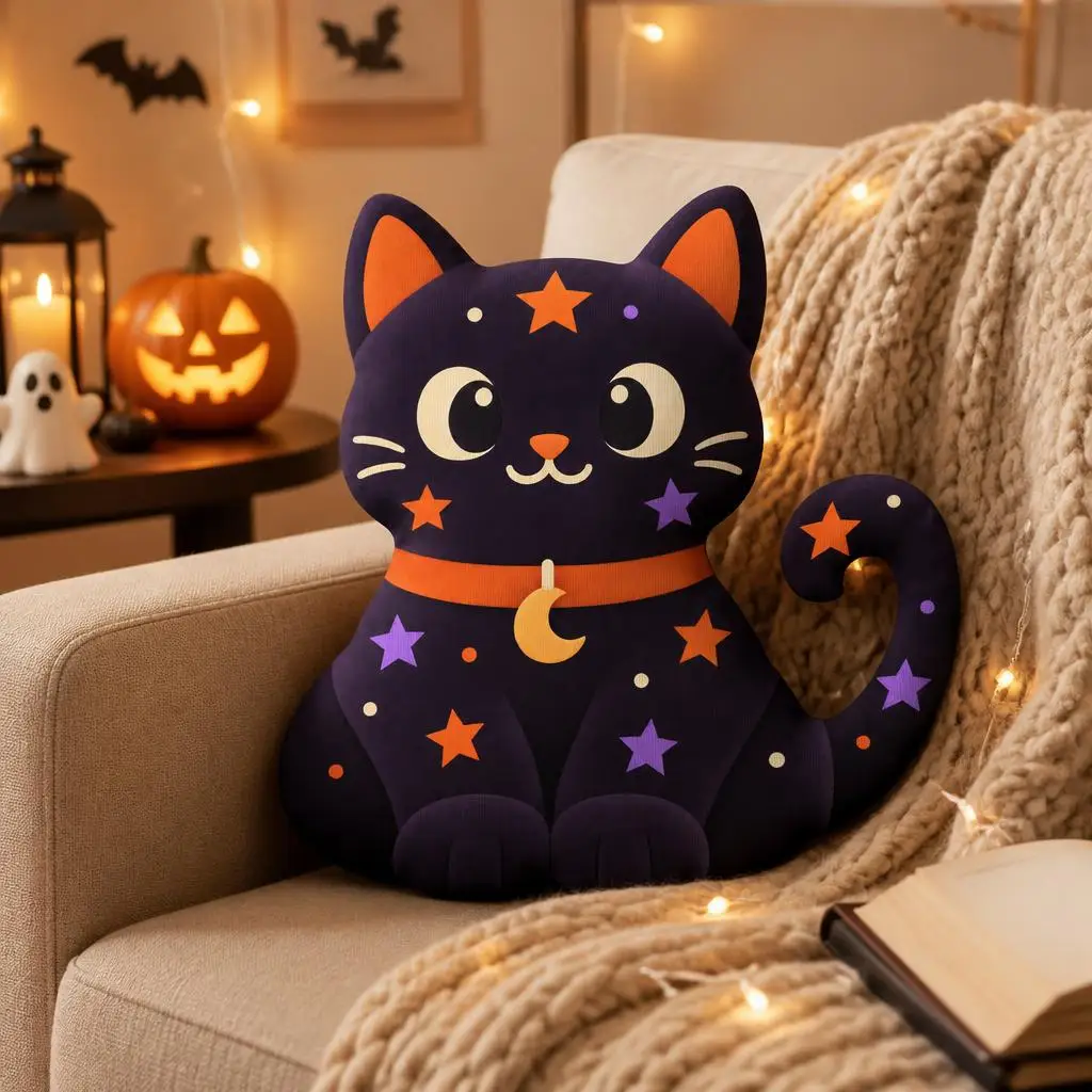Spooky Halloween Black Cat Shaped Pillow Moon and Stars Cushion Stuffed Throw Pillow for Sofa Home Decor Cat Lover Gift