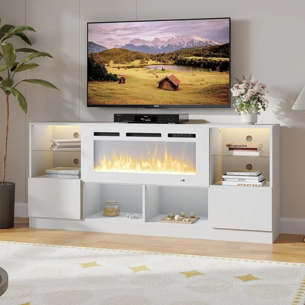 مركز ترفيهي حديث مع 36 مدفأة و6 أرفف وخزائن لأجهزة التلفاز حتى 80 - حامل تلفزيون أنيق للمسرح المنزلي