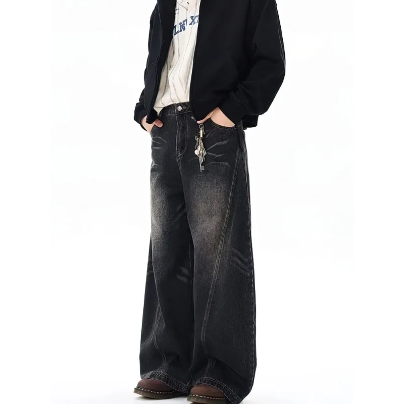 Vintage Black Washed Baggy Jeans Pants Men Wide leg Curved Blade Pants Streetwear Cowboy Casual Denim Straight Trousers