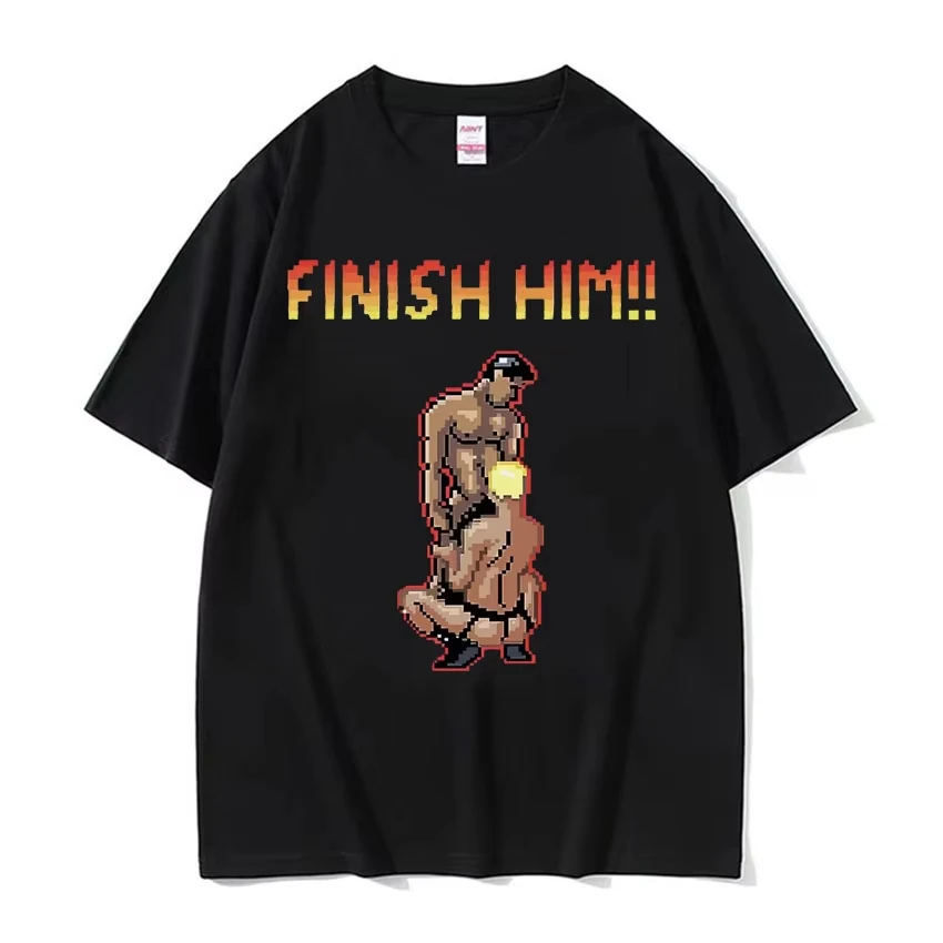 Finish Him Gayming 8bit Gay Print Tshirt Women Fashion Gothic Clothes Oversized T Shirt Unisex Crewneck 100% Cotton T-shirt Tops