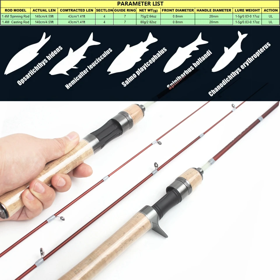 1.4M Carbon Spinning Casting Lure Rod Ul Slow 1-5g Lure Ultralight Rods Ultra Light Solid Tips Trout Stream Fishing Pole Pesca