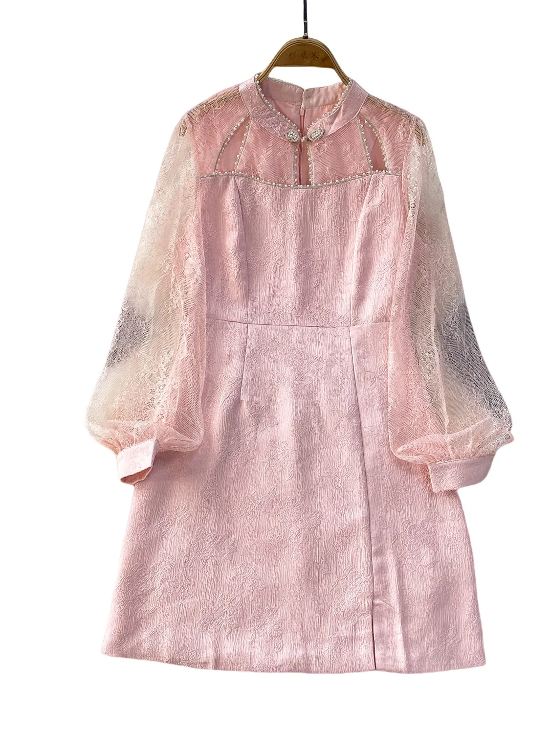 レトロな中国風長袖ワンピース レディース ハイウエストAラインスカート メッシュ切り替えショートワンピース 秋のエレガントな雰囲気