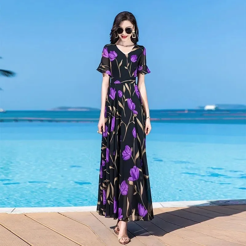 Women Summer Chiffon Boho Dress 2024 New Elegant Floral Print Beach Chic Casual V-Neck Fashion Long Dresses Female Sundress 5XL