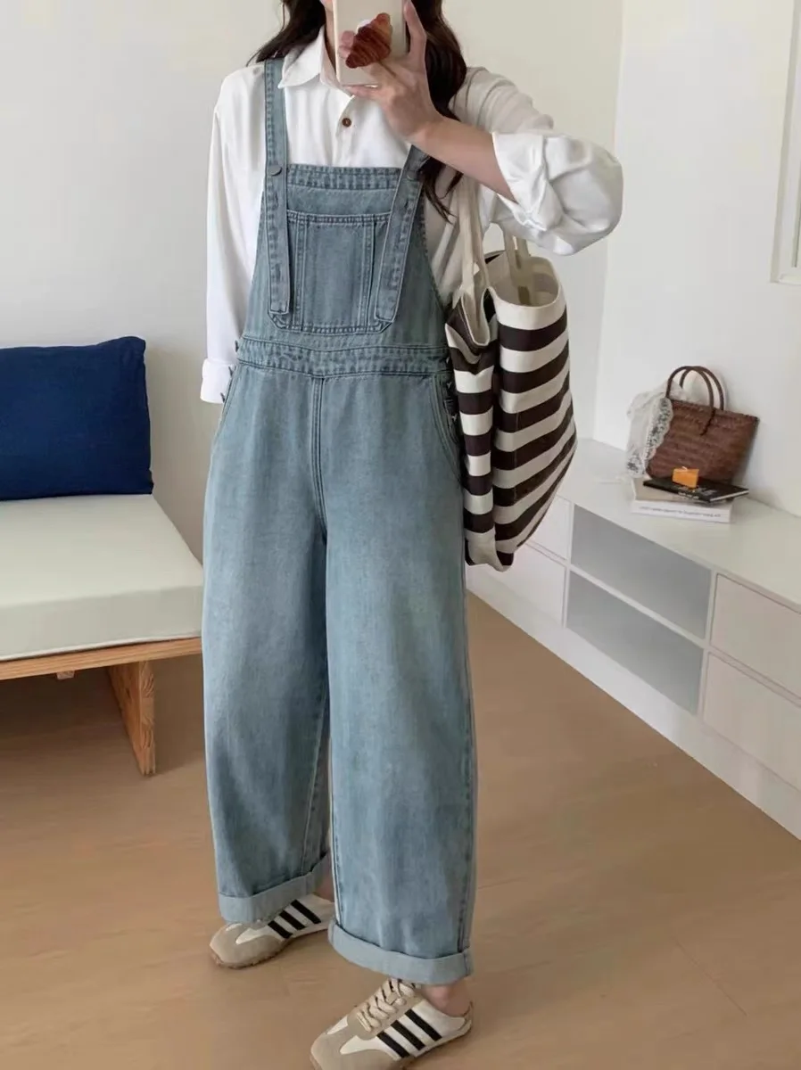 

Light Blue Denim Overalls Women's Spring New High Waist Loose Slim Wide Leg Pants Straight Workwear Jumpsuits