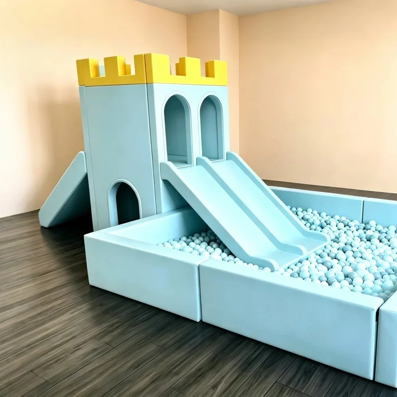 White & Pink Soft Play Castle with Ball Pit & Slide, Kids Sensory Interactive Indoor Playground for Cafe Mall Party Hire