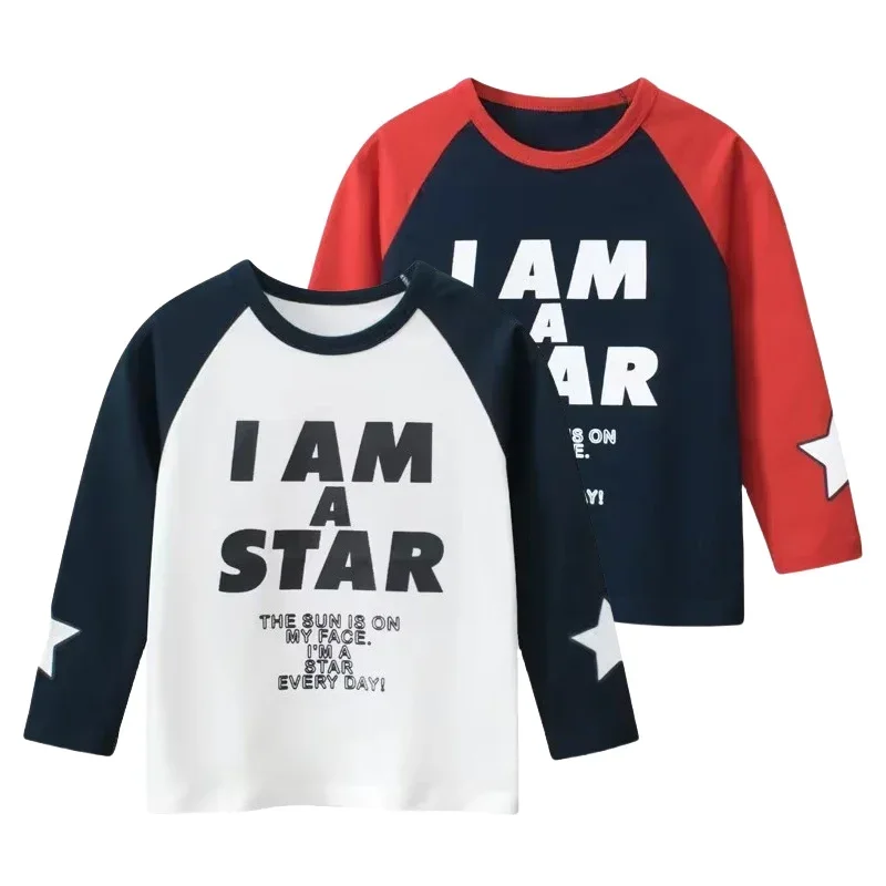 

2025 Spring Autumn New Kids Long Sleeve Cotton T-Shirt Children's Letter Print Bottoming Shirt Top Boys Clothes 2-9Y Dropship