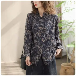 Elegant Women Blouse 2024 Spring Autumn Vintage Temperament Top Long Sleeve Floral Print Lapel Office Slim Thin Fit Female Shirt