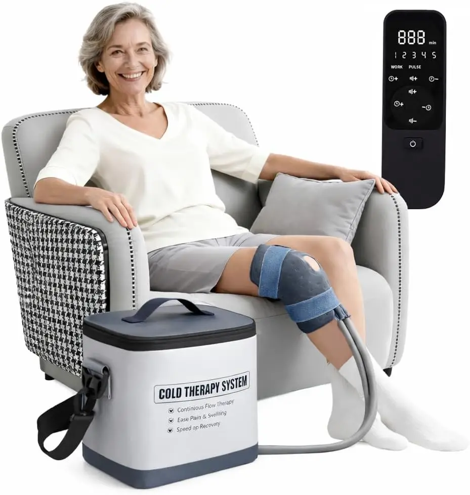 

Programmable Knee Ice Machine with Compression Pad for Post-Surgery Recovery & Sports Injuries, Gray