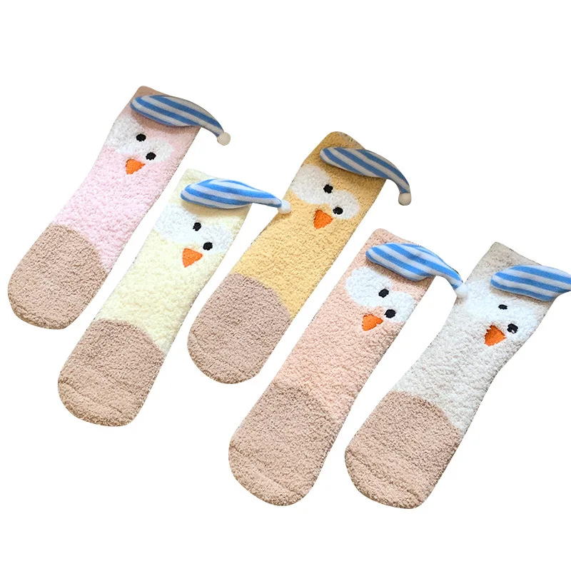 

3 Pairs Cartoon Shower Caps Chicken Coral Fleece Floor Socks Thick and Warm Middle Tube Socks Comfortable Home Sleeping Socks