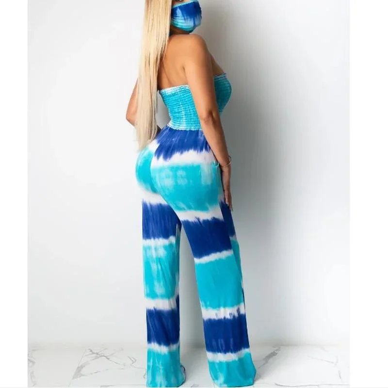 2024 Women Tie Dye Printed Strapless Wide Leg Jumpsuit Blue Sexy Halter Tube Top Wide Leg Siamese Pants with Mask Set Bohemian