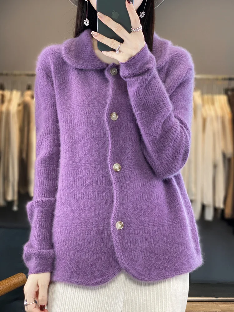 New Fashion Women's Cashmere Cardigan Turn-down Collar Sweater Autumn Winter 100% Merino Wool Knitwear Korean Popular Clothes