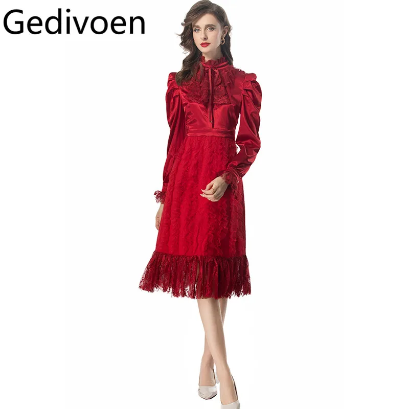 

Gedivoen Autumn Fashion Runway Designer Dresses Women's Vintage Lace Up Net Yarn Embroidery Cutout Lace Trim Hem Elegant Dresses