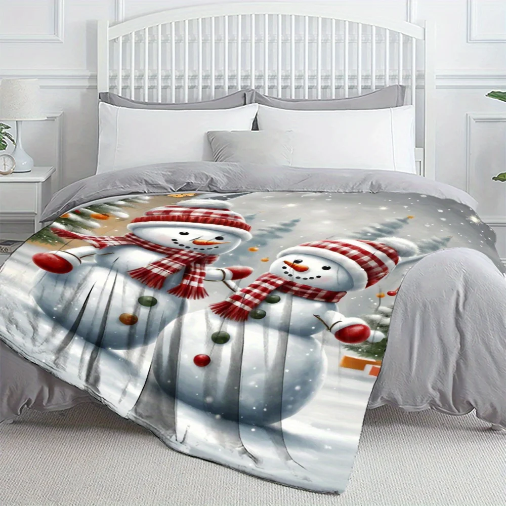 1 шт. уютное фланелевое одеяло с рождественским снеговиком — легкий, всесезонный вязаный флис для дивана, кровати, путешествий — мягкий полиэстер