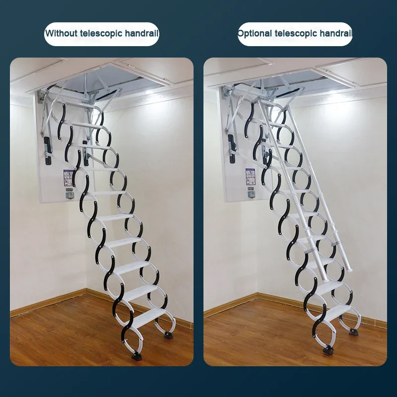 Telescopic attic ladder automatic loft ladder with handrail steel flexible attic stairs/ metal loft ladders