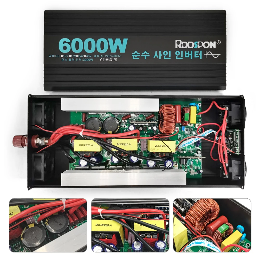 RDDSPON Pure Sine Wave Inverter 4000W 5000W 6000W Double EU Socket DC 12V 17V 24V 48V To AC 220V 60Hz Voltage Converter Inverter 썸네일 4
