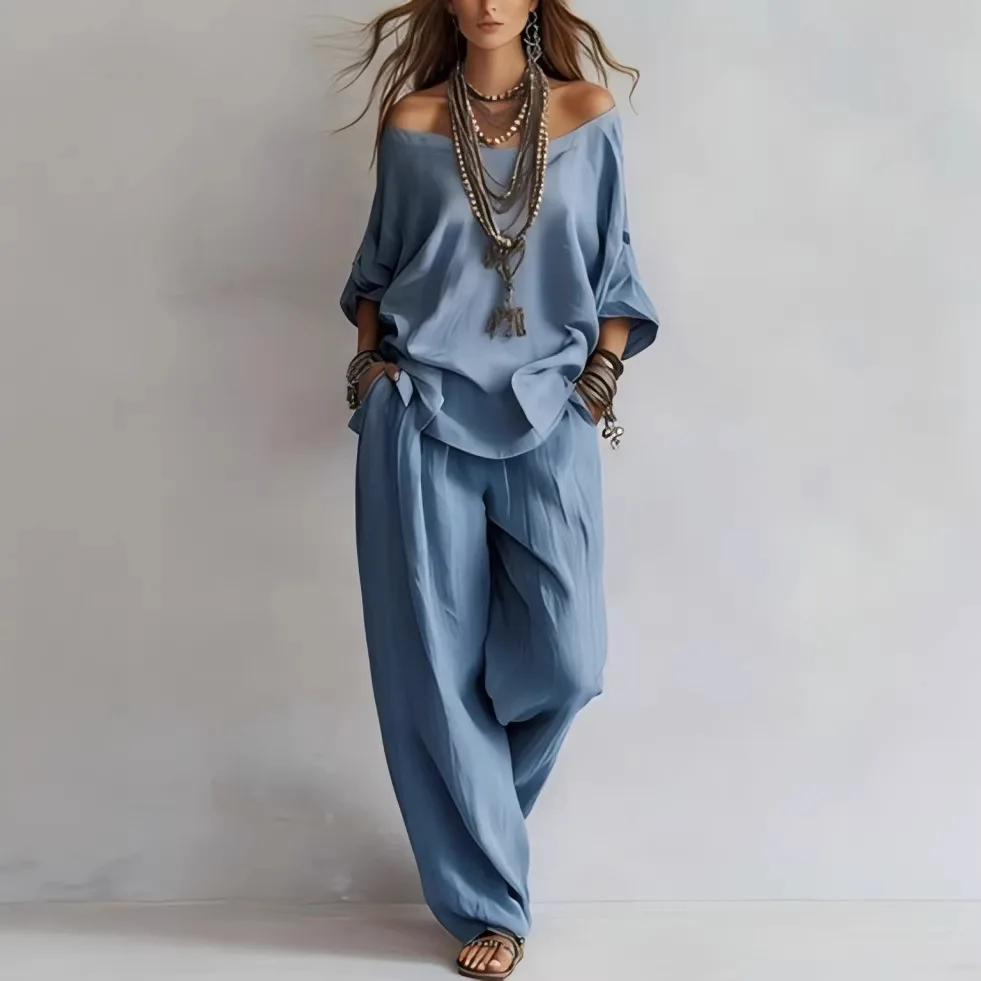 One-line Collar Off-shoulder Three-quarter Sleeve Top High-waisted Wide-leg Trousers Two-piece Set Womens New Summer Casual Suit