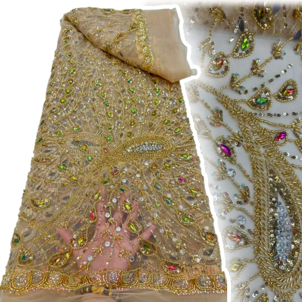 ผ้าลูกไม้ปักลายลูกปัดหนักแบบแอฟริกัน ประดับเลื่อมลายเรขาคณิต คุณภาพสูง 5 หลา สำหรับชุดเจ้าสาวและชุดราตรี รุ่น TP1544