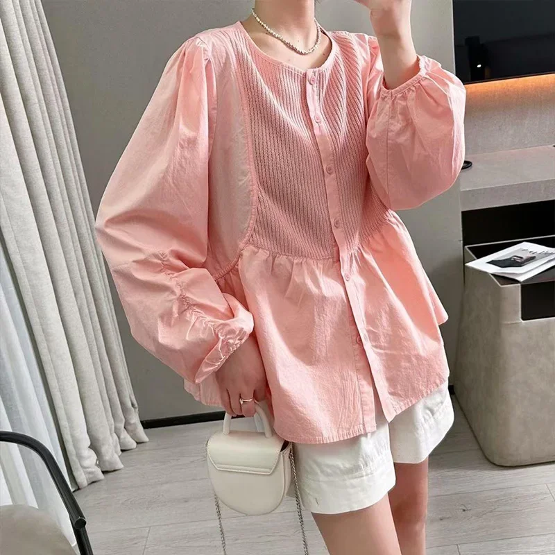 Quality Knitted Patchwork Long Sleeves Shirt for Women\'s Spring Autumn New Korean Version Loose Slimming Versatile Trendy Top