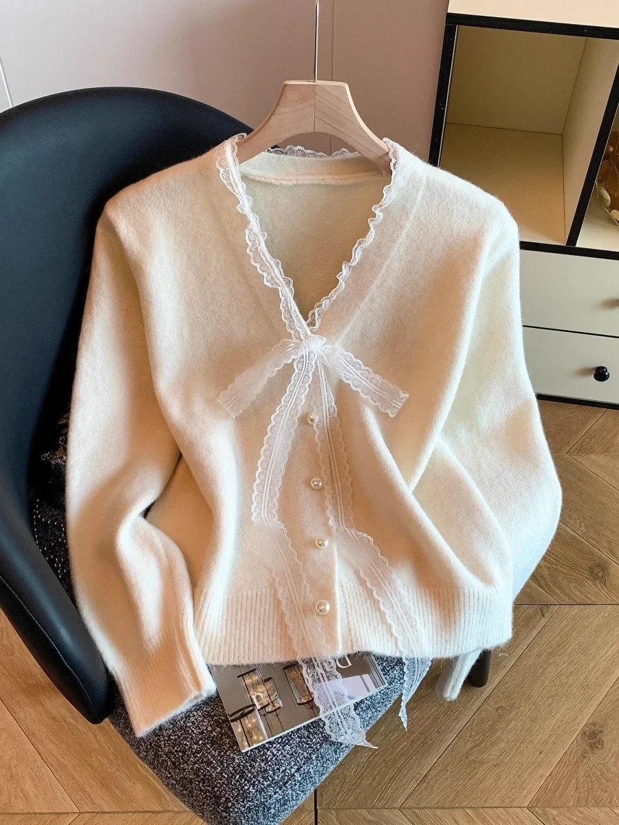 الضوء الأزرق جميلة لصق الدانتيل معقود الخامس على محبوك سترة مفتوحة المرأة الخريف الشتاء حبة زر واحد سترة #2