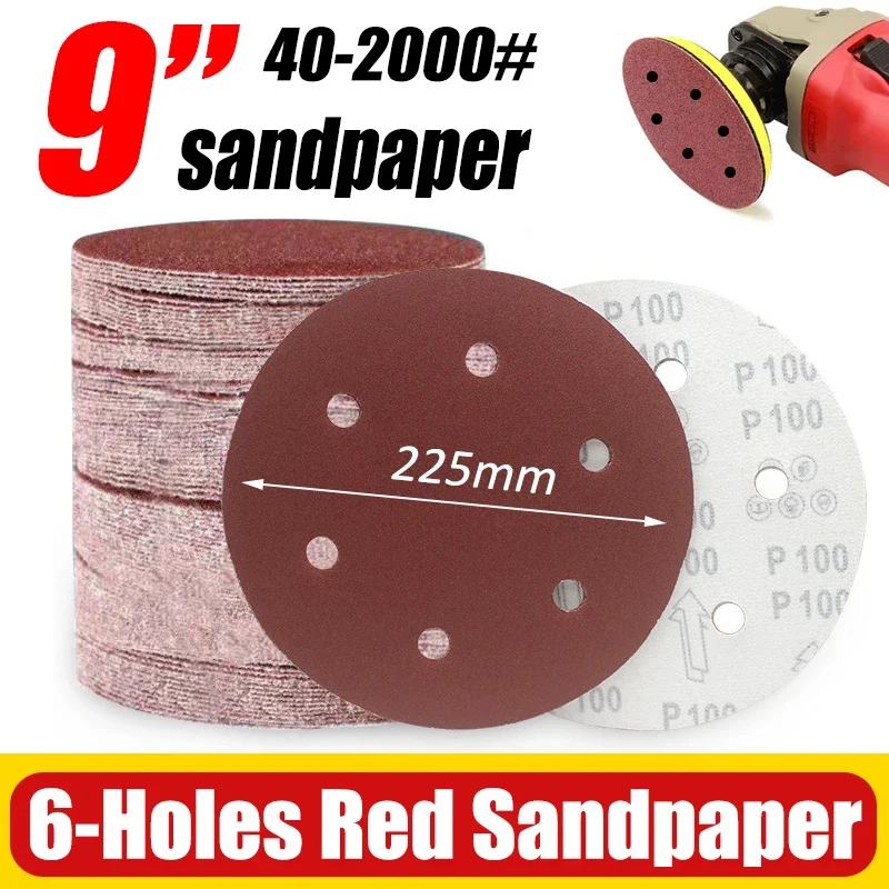 

9" 225mm Red Flocked Sandpaper Disc 6-Hole Hook&Loop Grit40-2000# Aluminum Oxide Abrasive Grinding Polishing Pad for Dremel Tool