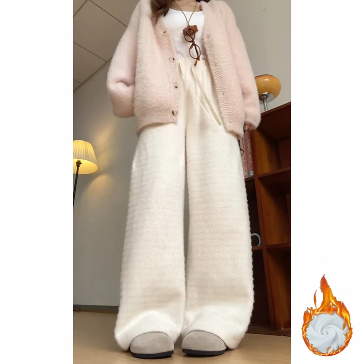 Thiened malha fce calças casuais femininas cintura alta perna reta outono inverno relaxar ajuste efeito de emagrecimento arroz macarrão calças