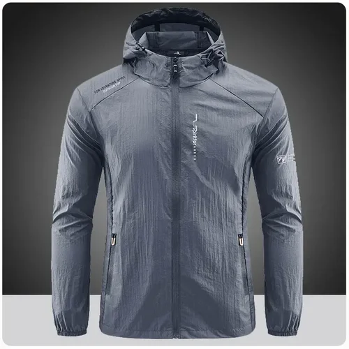 UPF50 + chaqueta fina de protección solar de secado rápido para exteriores de verano para hombre, senderismo, pesca, ciclismo, con capucha, gimnasio, deporte, cortavientos ultraligero