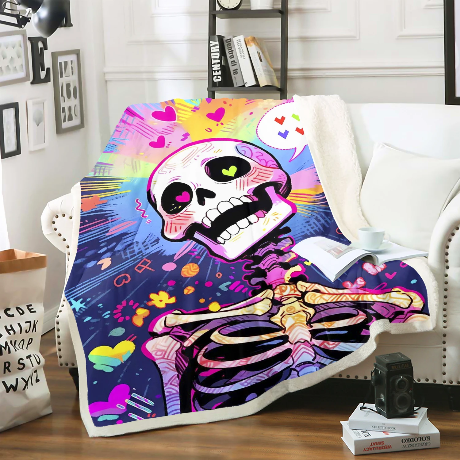 Blanket Skull Cartoon Furry Reactive Printing and Throws Fluffy Modern Kawaii For Children Winter