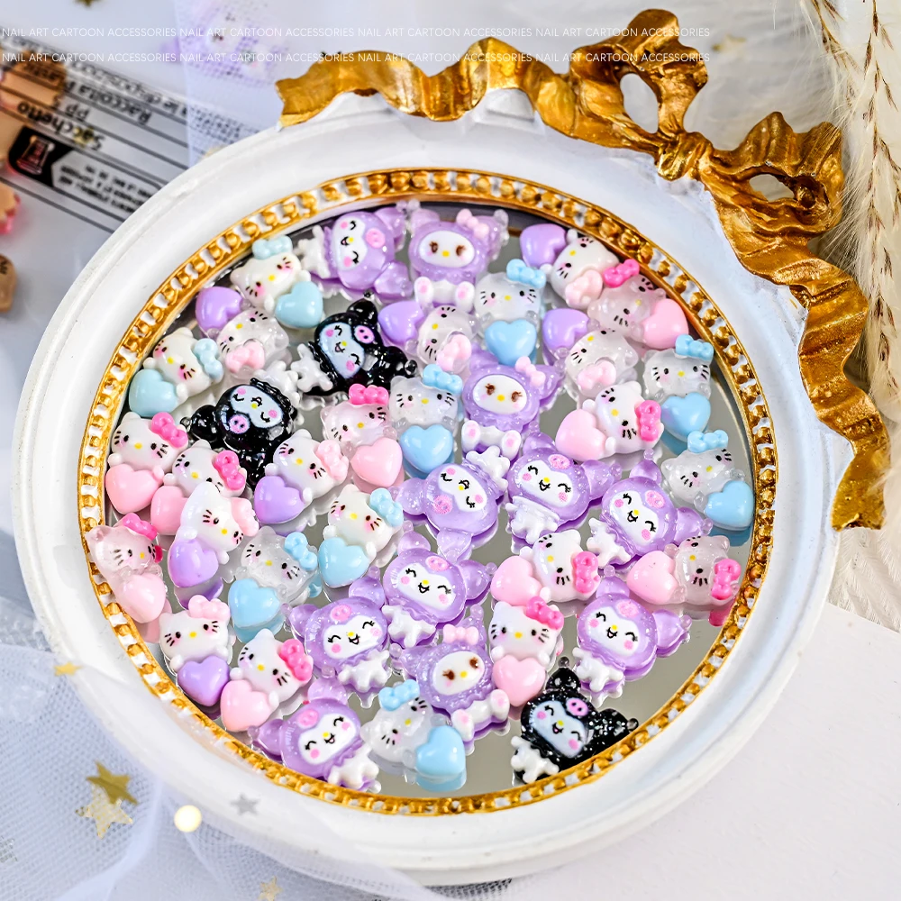 10 шт. Kawaii розовое синее сердце Hello Kitty подвеска для ногтей смола мини-мультфильм Kuromi дизайн ногтей с плоской задней частью горный хрусталь DIY поделки для ногтей
