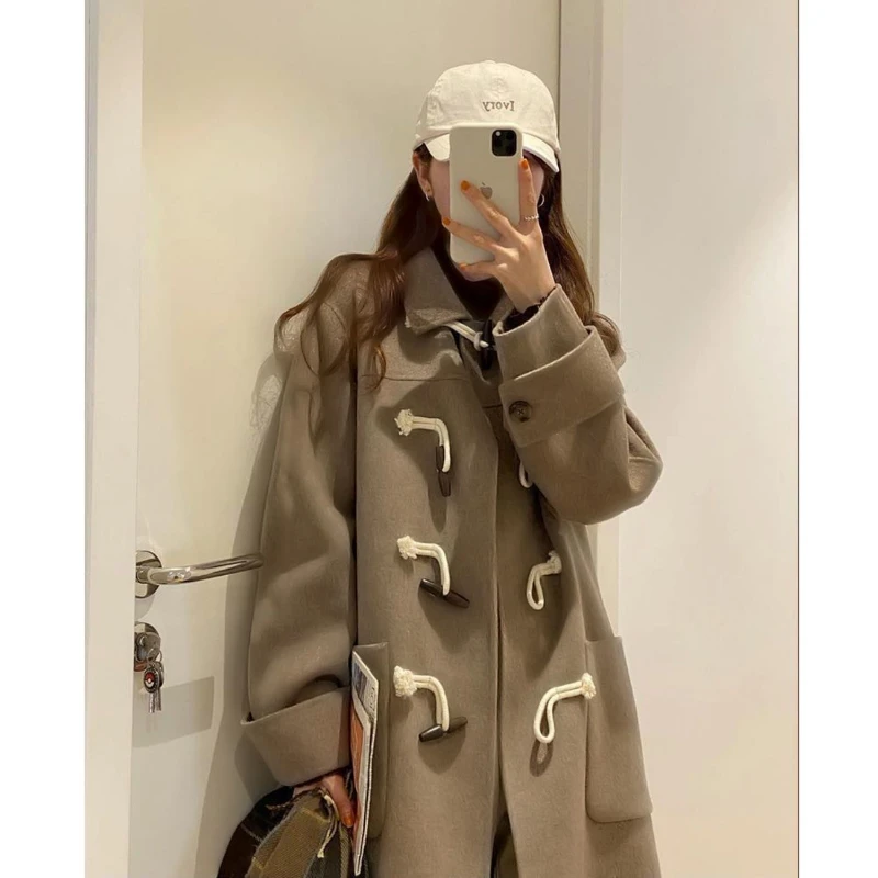 

College style Japanese lovely woolen coat medium length ox horn buckle student JK coat camel winter coat 2023 autumn winter new