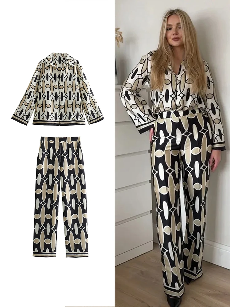 

женский набор мода свободные рубашки Casual Chic геометрический принт две части рукава рубашки + боковой молнии брюки уличный набор