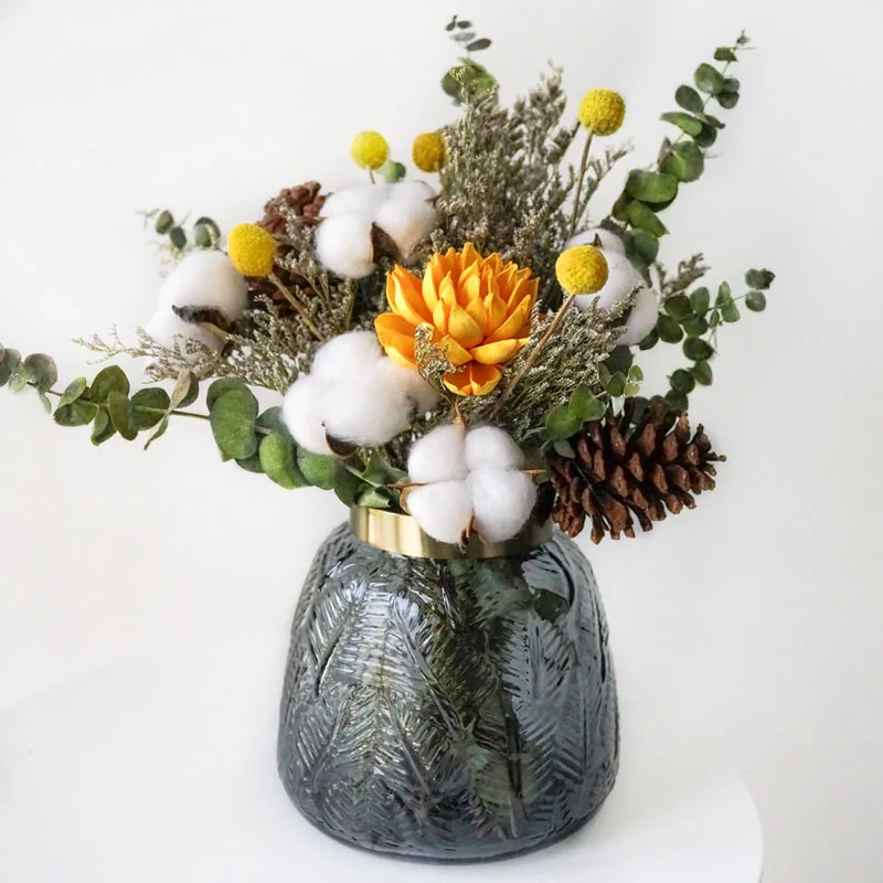 

Magnolia Flower Lover Grass Cotton Eucalyptus Dried Bouquet Nordic Style Real Literary Pine Cone Wall Hanging Vase Decoration