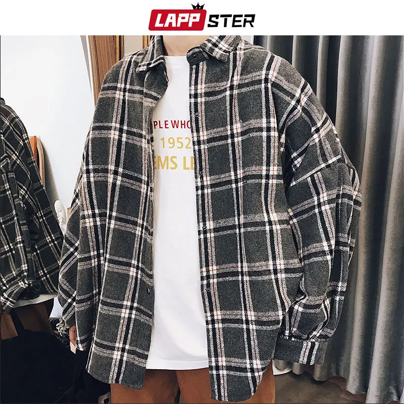 LAPPSTER Y2k Harajuku Harajuku Plaid Shirt 2023 Man Streetwear Fleece Shirts Long Sleeve Mens Vintage Korean Fashions Clothes