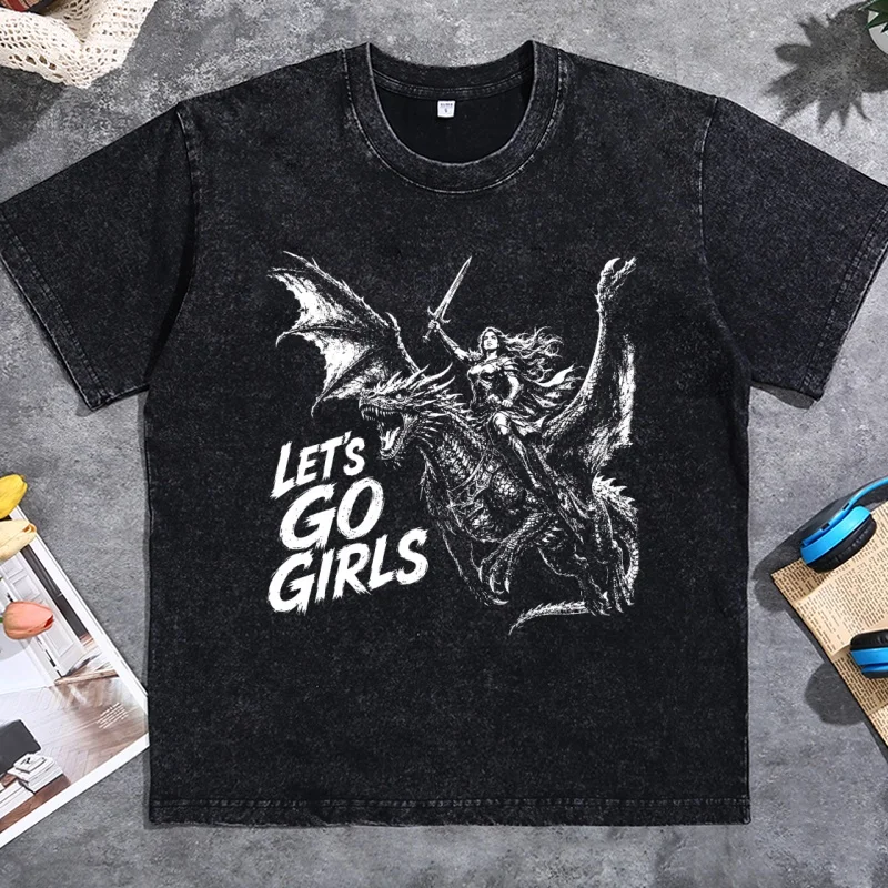 Warrior Woman Dragon Rider T Shirt Fantasy Graphic Tee Feminist Vintage Washed T-shirts Casual Cotton Short Sleeve High Quality