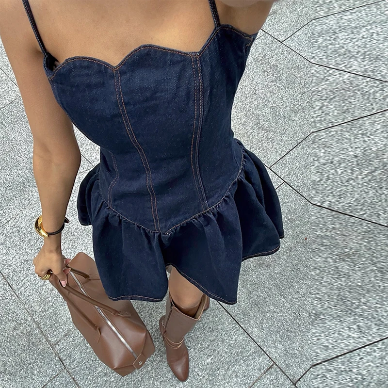 

Women's Elegant Denim Mini Dress 2025 New Flower Fold Sleeveless Backless Strapless Sexy Dresses Summer Outwear Y2k Slimming