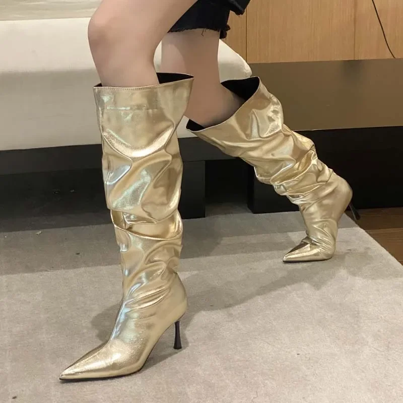 

Aneikeh Winter Gold Silver Pleated Pointed Toe Woman Knee-High Boots Designer Thin High Heels Stripper Shoes Botas Mujer