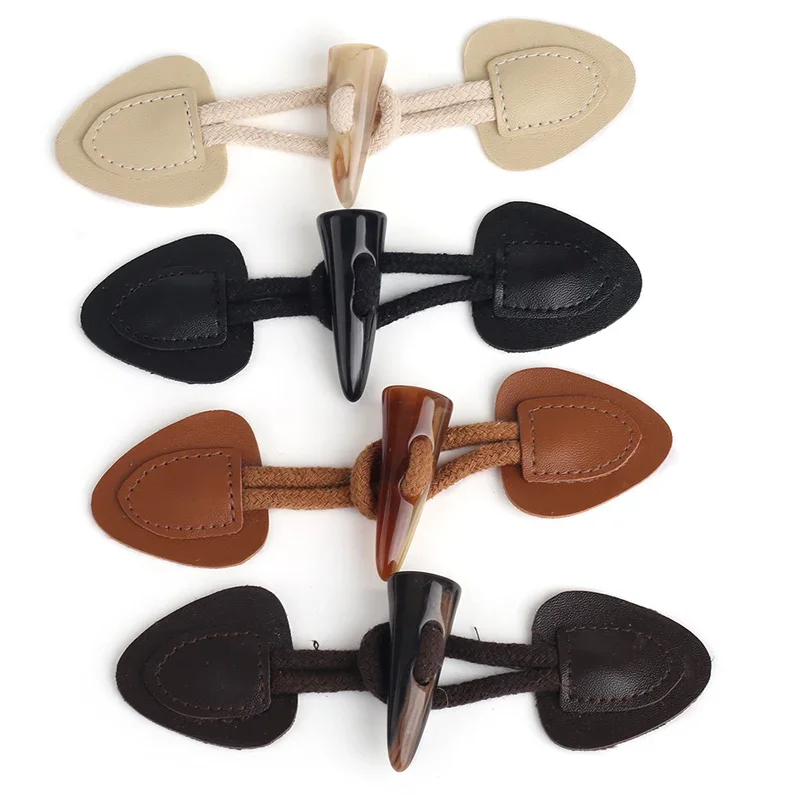 3 Pairs PU Leather Sew-on Toggles Closures Vintage Toggles with Resin Horn Buttons Sewing Accessories for Knitwear, Windbreaker